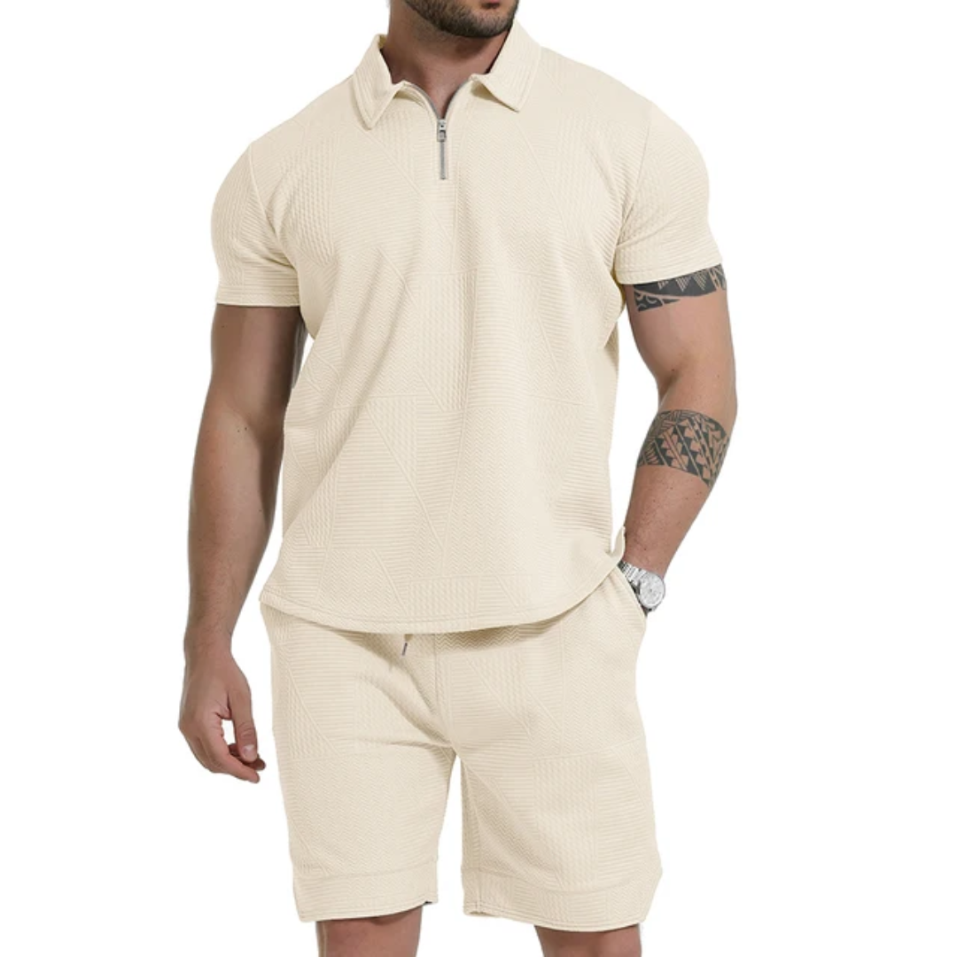 Summer Sport Solid Zipper Collar Short Sleeve Men's Polo Shirt Set