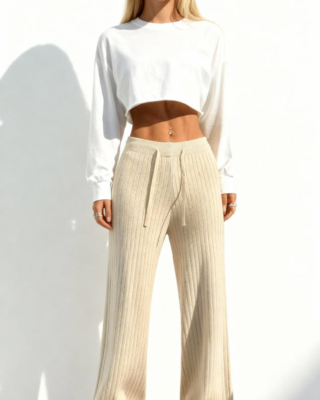 Calças femininas de malha com cintura alta elástica e pernas largas 55