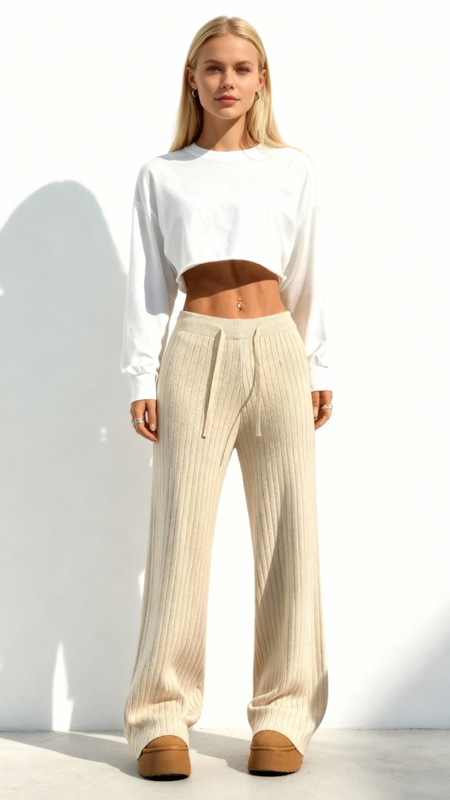 Calças femininas de malha com cintura alta elástica e pernas largas 55