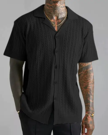 Homem Meia-Noite Camisa Casual Masculina de Manga Curta Cor Sólida, Verão, Camisa de Praia Branca com Botões e Textura Masculina 592