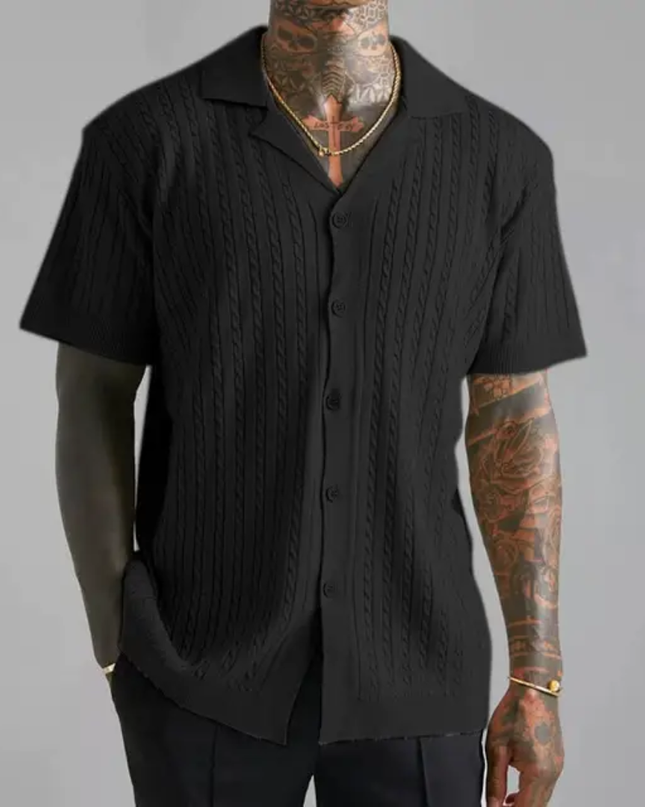 Homem Meia-Noite Camisa Casual Masculina de Manga Curta Cor Sólida, Verão, Camisa de Praia Branca com Botões e Textura Masculina 592