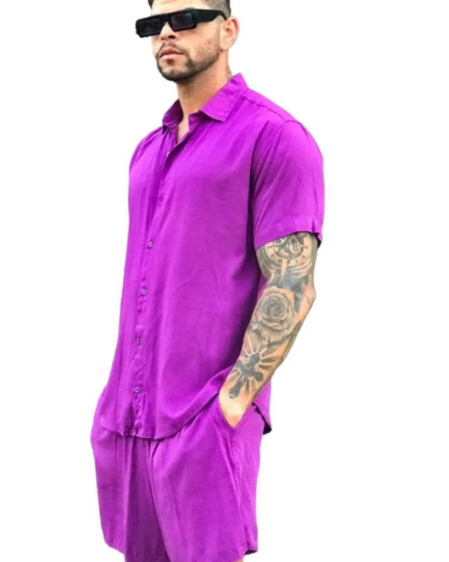 Conjunto Camisa e Short Lisa Havaiano Estampado Listrado Masculino Tecido de Viscolinho com elastano 464