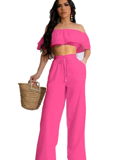 Casual two piece bow collar ruffled pants set