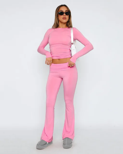 Conjunto Esportivo de Malha Slim Fit de Cor Sólida com Top de Manga Longa e Calça Flare 144