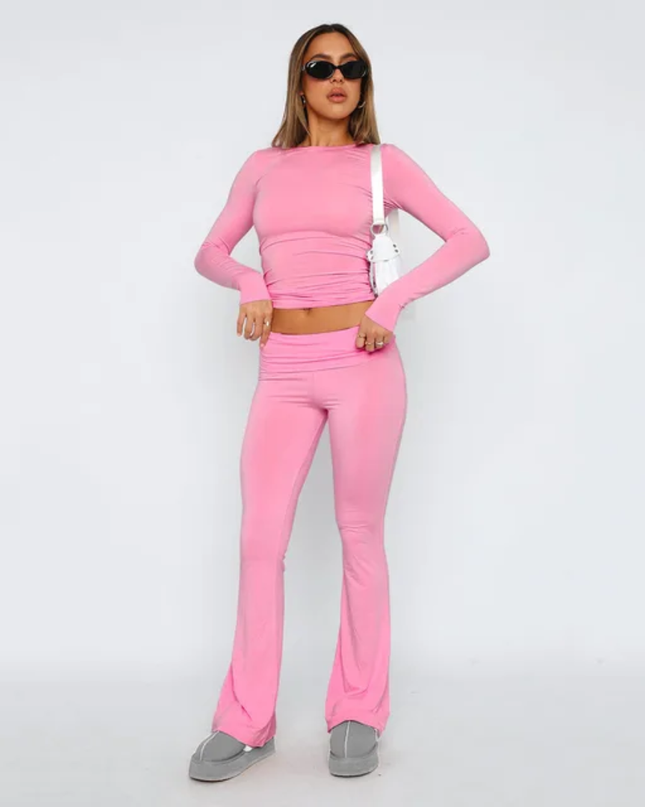 Conjunto Esportivo de Malha Slim Fit de Cor Sólida com Top de Manga Longa e Calça Flare 144