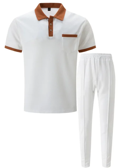 Men's Breathable Polo Shirt & Long Pants Set – Waffle Collar Edition