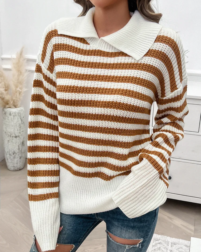 Suéter de Gola Polo Casual de Manga Longa com Listras, para Outono 182