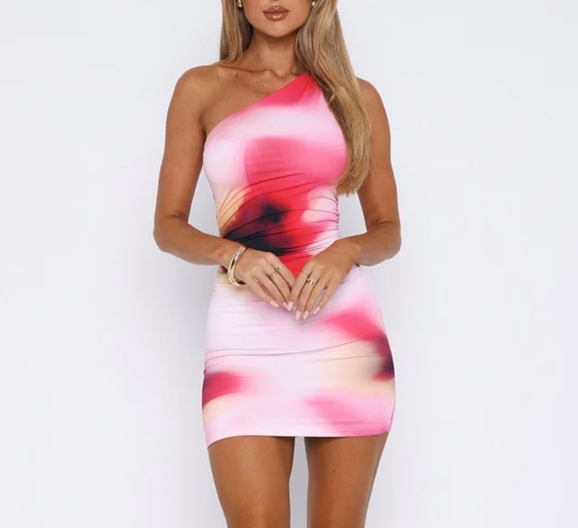 Chic single shoulder oblique color contrast dress