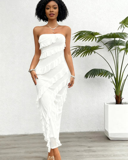 Vestido Longo com Bainha sem alças, Múltiplas Camadas, Estilo Folha de Lótus com Babados 147