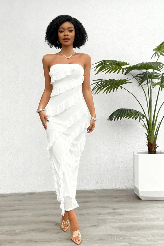 Vestido Longo com Bainha sem alças, Múltiplas Camadas, Estilo Folha de Lótus com Babados 147