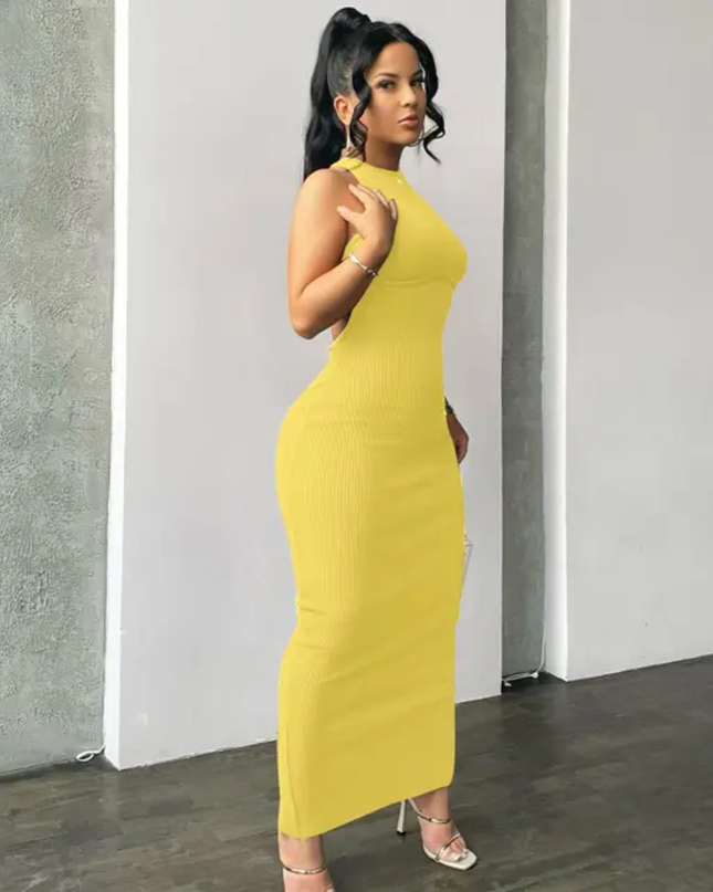 Vestido feminino de malha canelada sólida, sem mangas, Bodysuit con, decotado nas costas, casual, chique 501