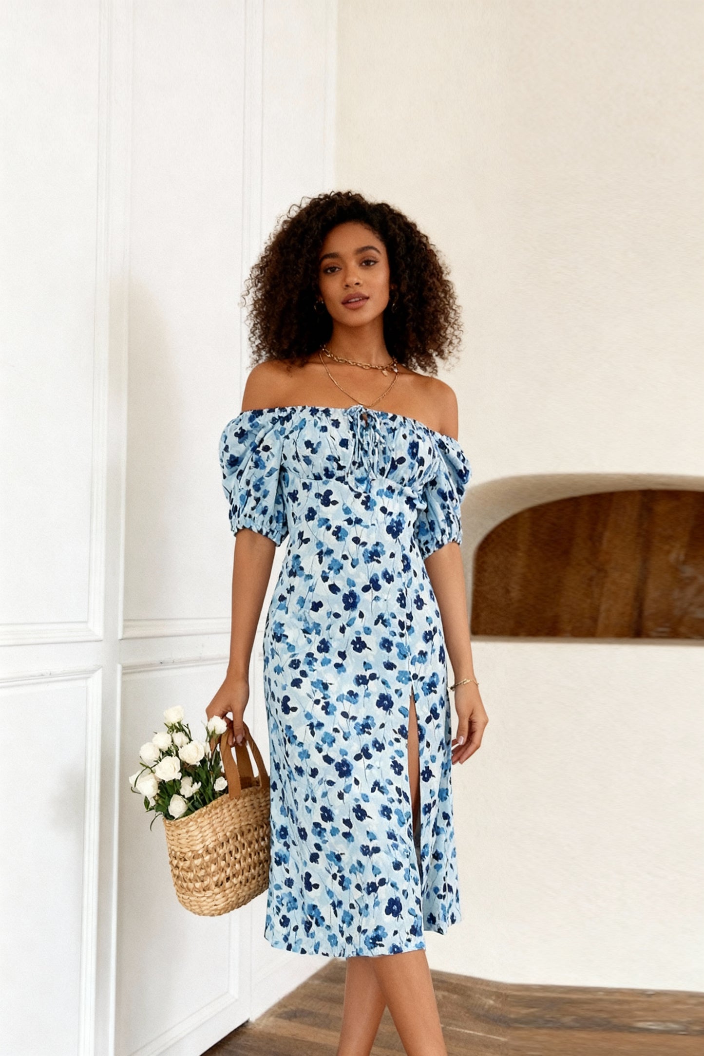 Vestido floral azul elegante com ombros à mostra para mulheres 220