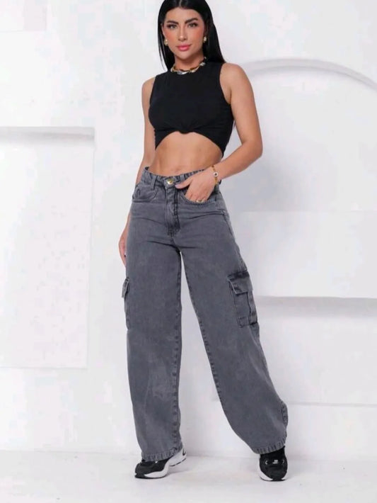 Calça Cargo jeans wide leg grafite pantalona feminina 458
