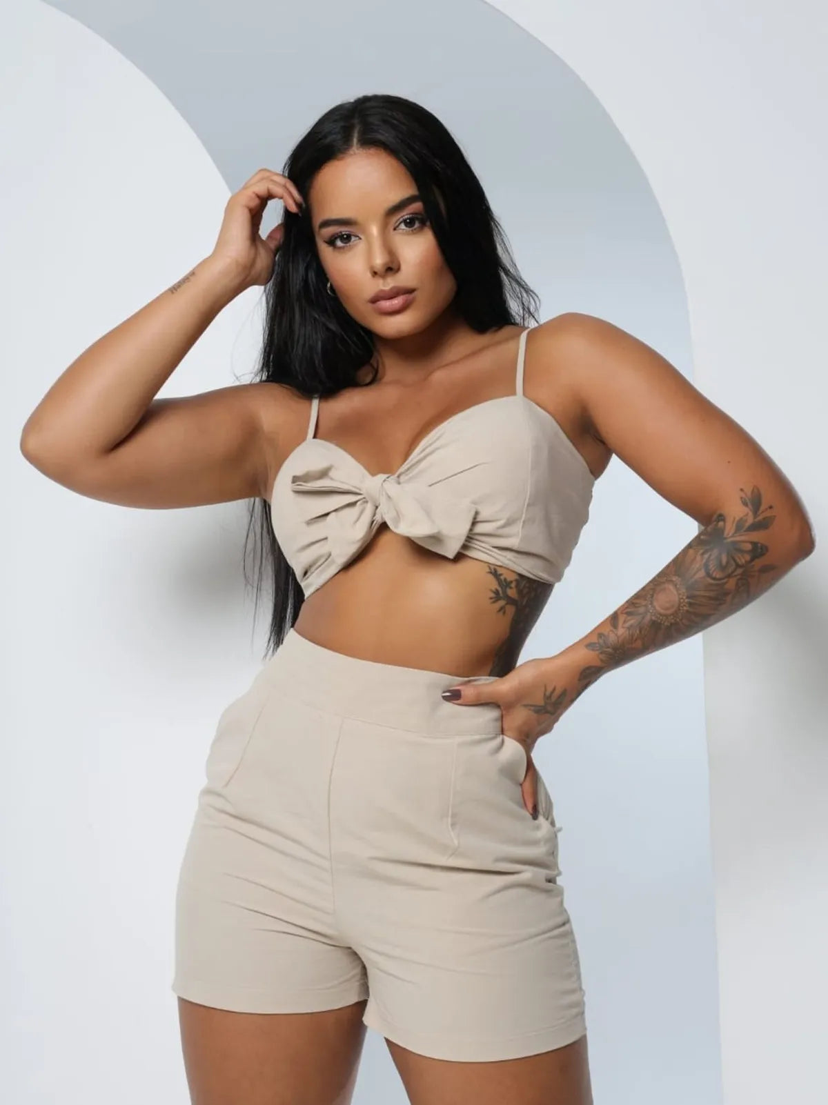 Conjunto Feminino de Short e Cropped com laço tendecia Primavera Verao Verão 243