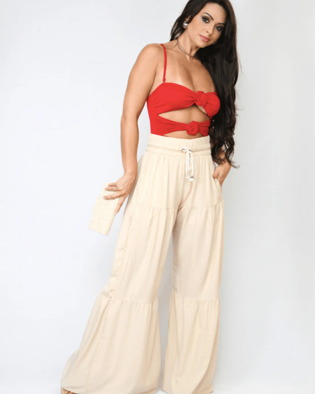 Calça Feminina Pantalona Cintura Alta Elegante Primavera Verão 509