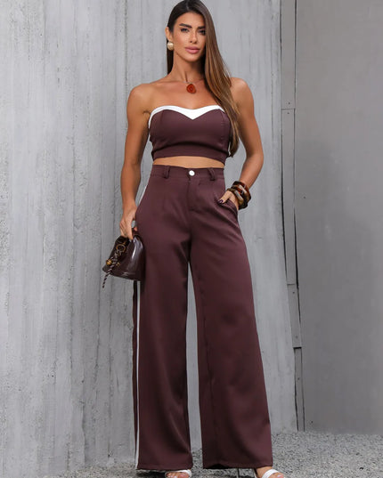 Conjunto Feminino Casual Elegante Alfaiataria Calça Pantalona e Cropped Bicolor 321