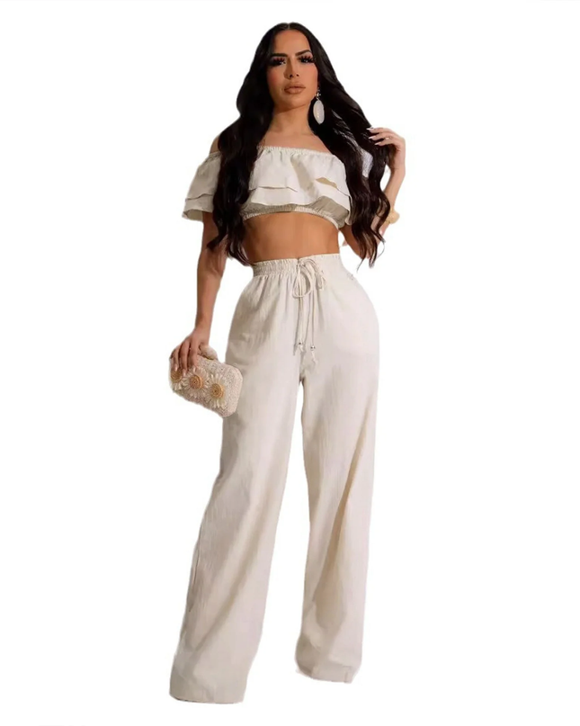 Casual two piece bow collar ruffled pants set