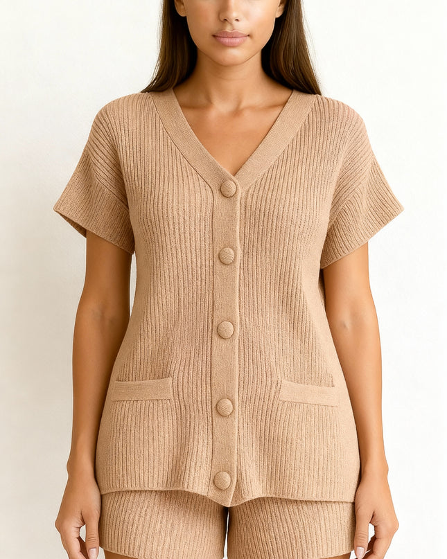 Conjunto de shorts feminino casual de 2 peças com botões e decote em V 24