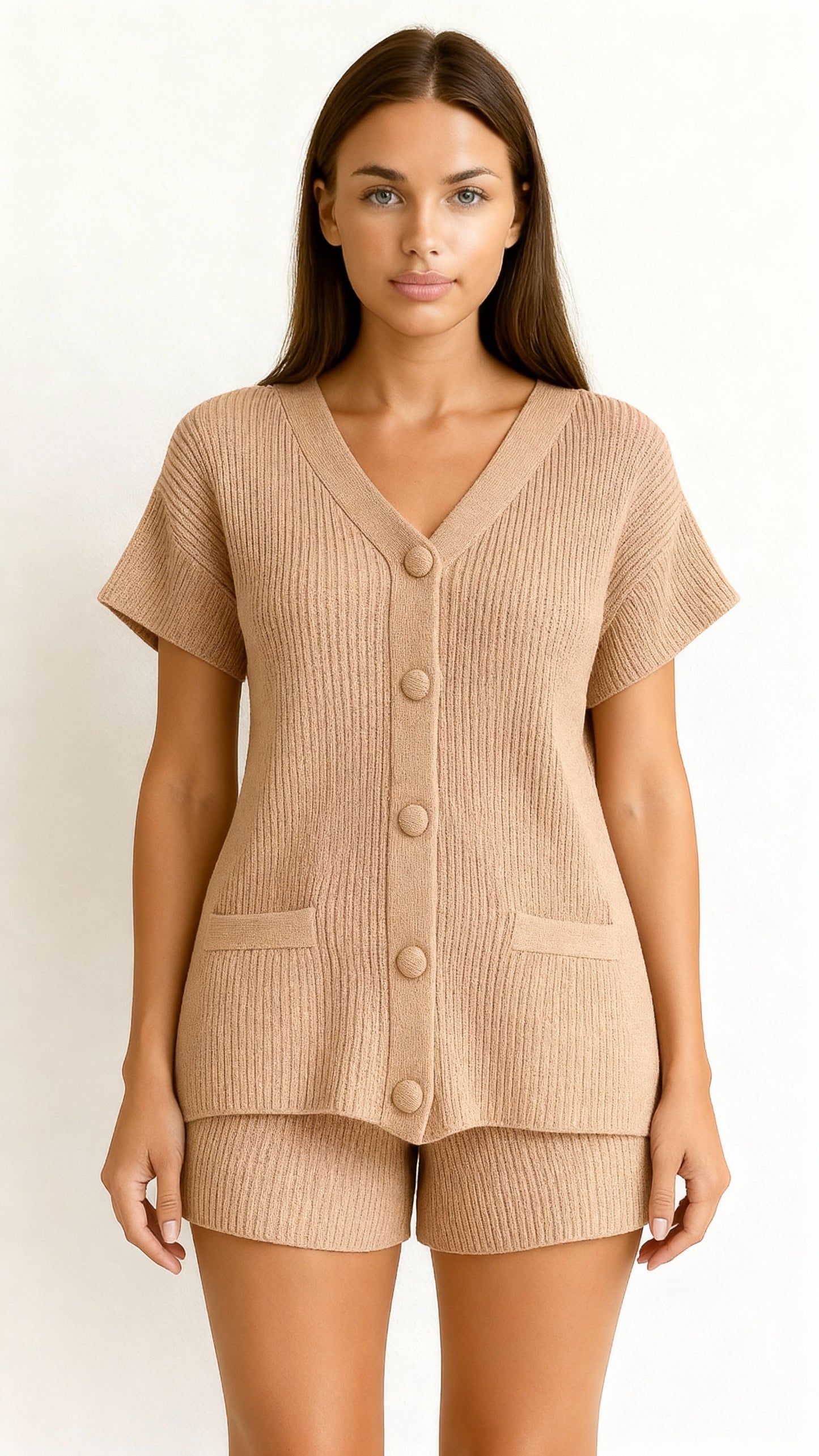 Conjunto de shorts feminino casual de 2 peças com botões e decote em V 24