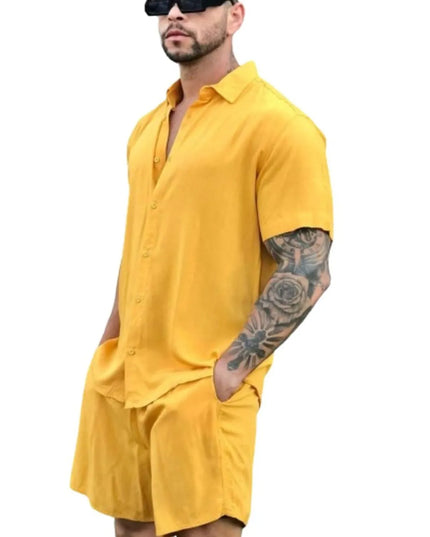 Conjunto Camisa e Short Lisa Havaiano Estampado Listrado Masculino Tecido de Viscolinho com elastano 464