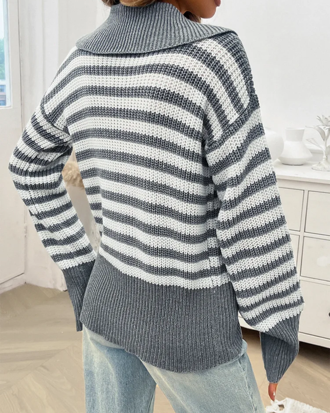 Suéter de Gola Polo Casual de Manga Longa com Listras, para Outono 182