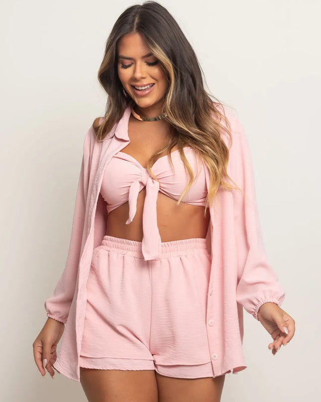 Conjunto Feminino em Duna 3 Peças , Camisa, Top e Shorts 299