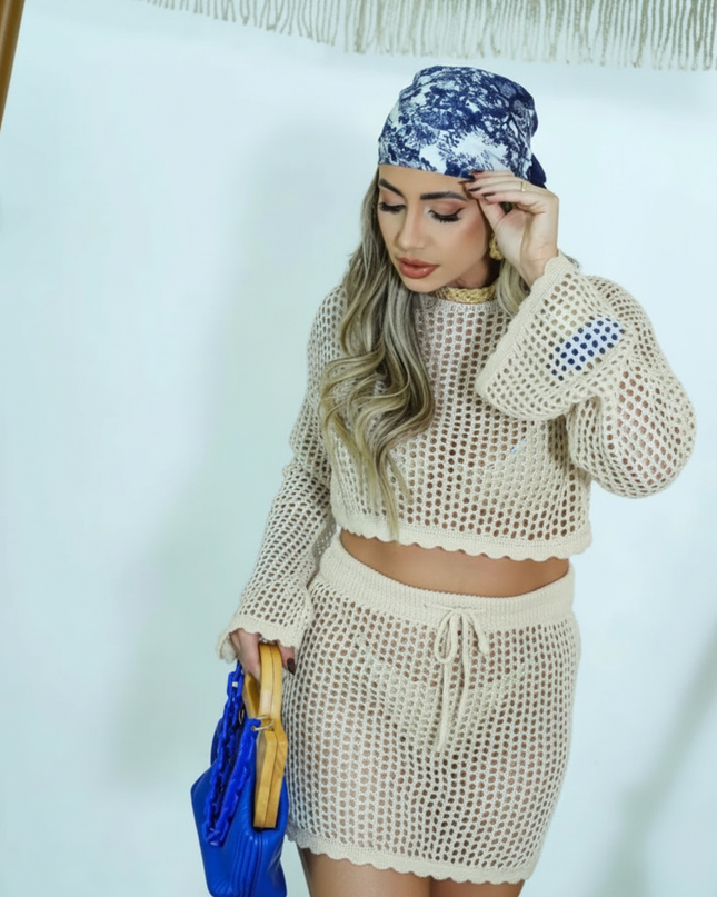 Conjunto de Roupa para Férias na Praia para Mulheres, Blusa de Tricô Casual com Recorte de Manga Longa e Saia de Cintura Alta 451