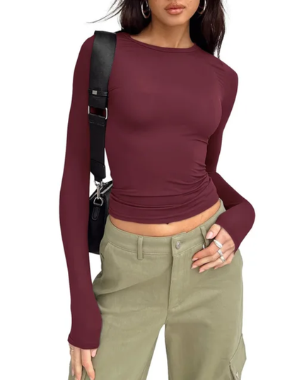 Camiseta Feminina Elegante e Versátil com Gola Careca, Manga Longa, Franzida, Ajustada e Slim, Adequada 161