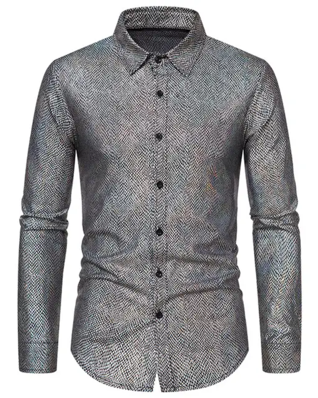 Homem Meia-Noite Camisa Masculina de Manga Longa com Gola Alta Jacquard, Ajuste Solto, Outono, Formal 609