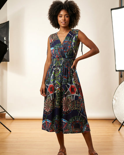 Vestido midi feminino de verão, solto, com decote em V transpassado, estampa abstrata, sem mangas e amarração nas costas 615