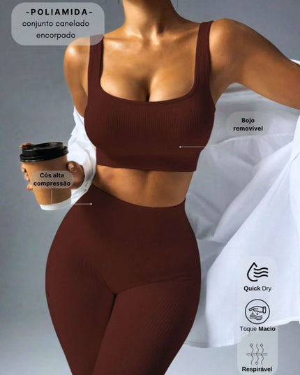 conjunto fitness em poliamida encorpada canelada- top e legging- alta compressão 338