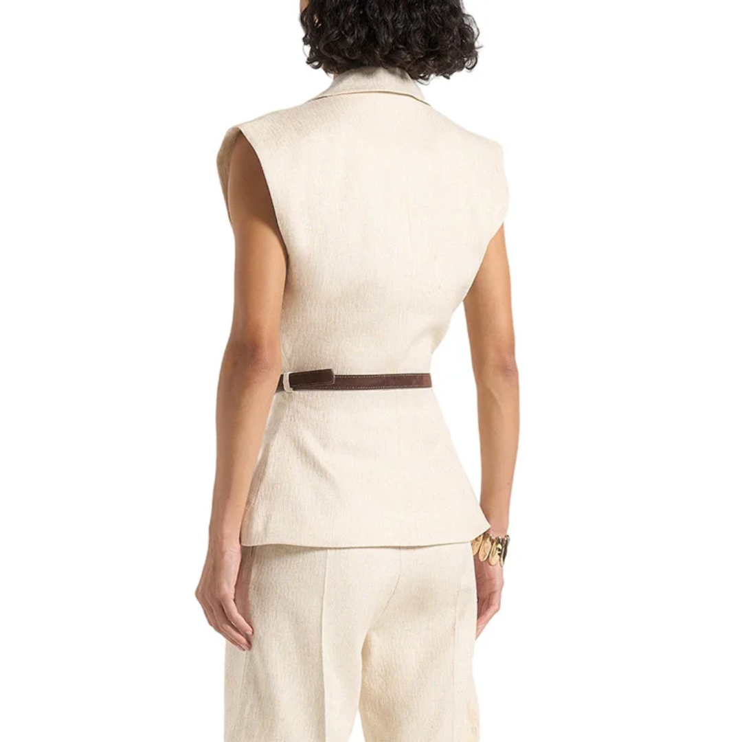 V neck waist belt sleeveless wide shoulder cinched Waistcoat