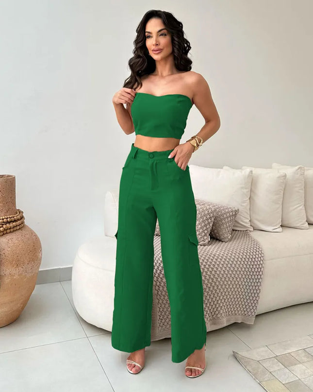 Conjunto Feminino Alfaiataria Casual Elegante Calça Cargo e Top 322