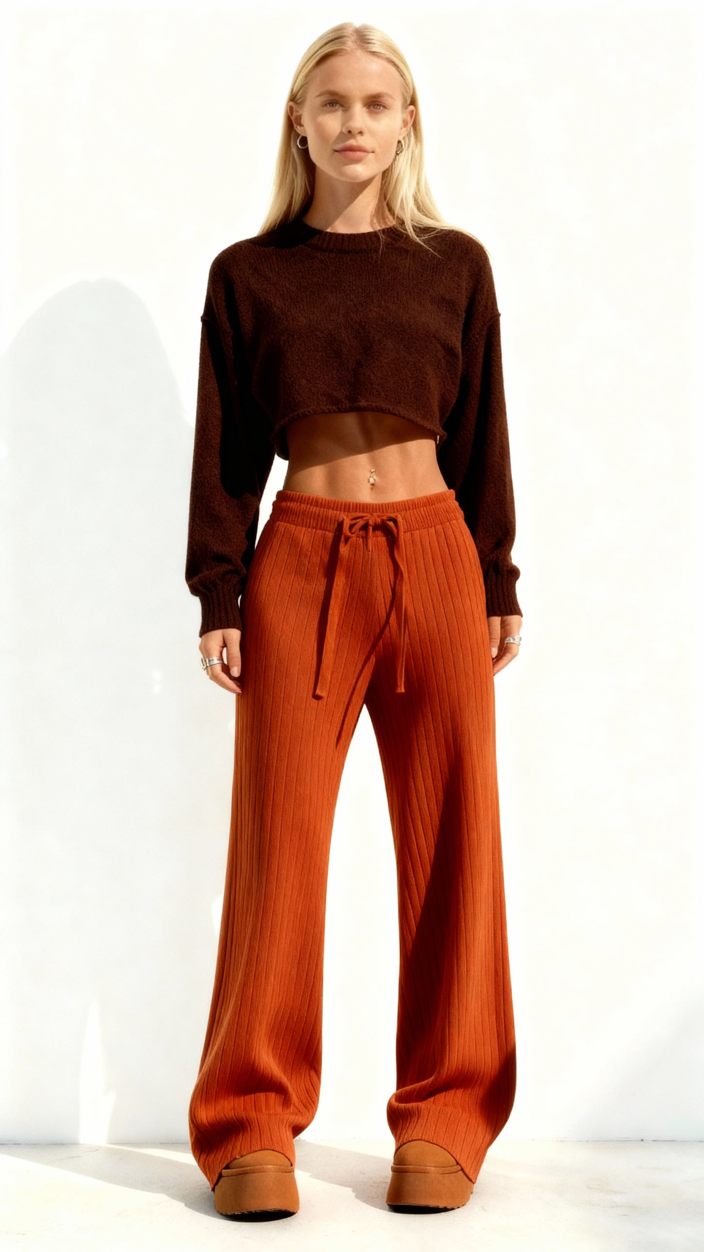 Calças femininas de malha com cintura alta elástica e pernas largas 55