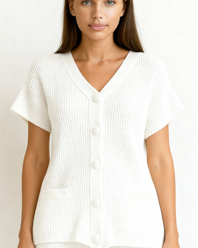 Conjunto de shorts feminino casual de 2 peças com botões e decote em V 24