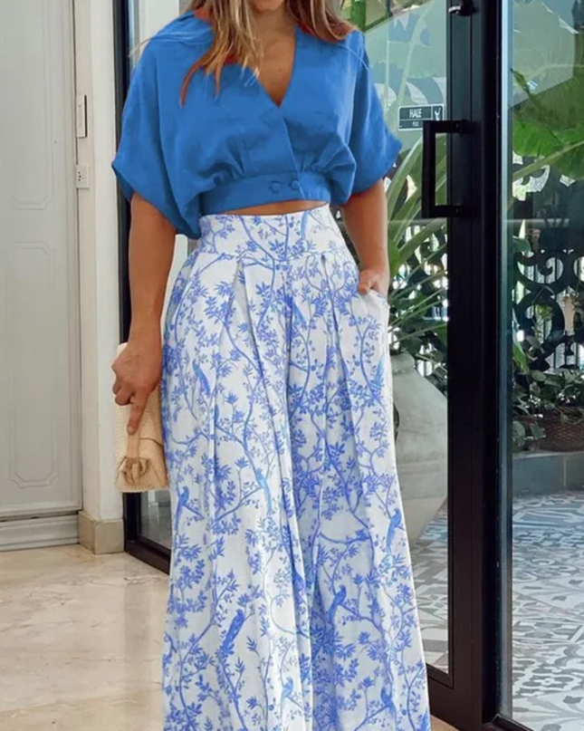 2 peças/Conjunto Top de Botão de Manga Curta com Decote em V de Verão para Mulheres e Calça Pantalona de Cintura Alta 189