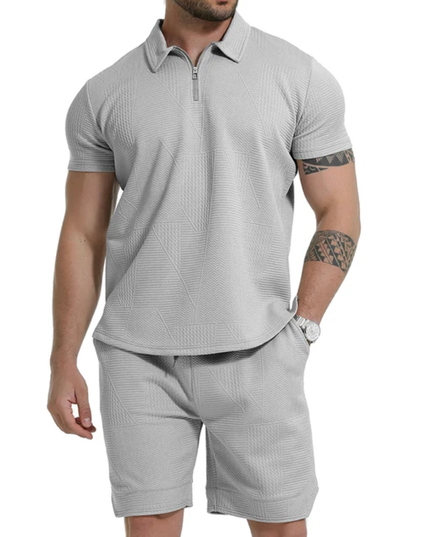 Summer Sport Solid Zipper Collar Short Sleeve Men's Polo Shirt Set