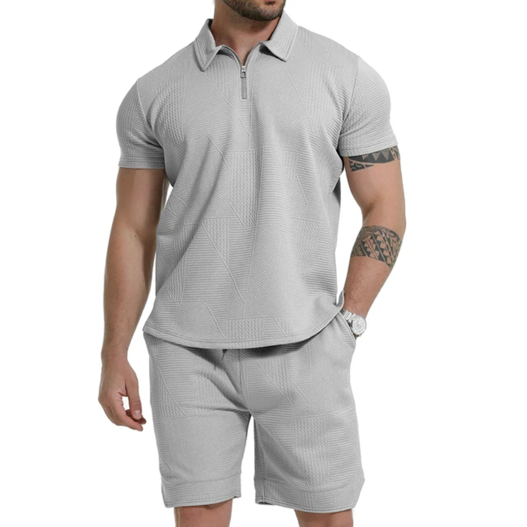 Summer Sport Solid Zipper Collar Short Sleeve Men's Polo Shirt Set