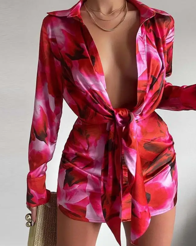 Vestido feminino simples e diário de mangas compridas com estampa aleatória 214