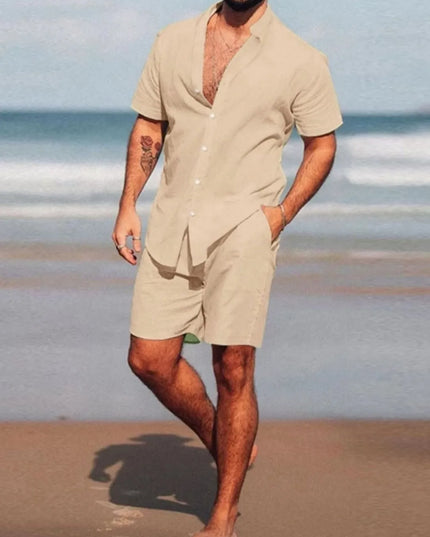 Camisa conjunto lisa masculina slim fite manga curta férias 268