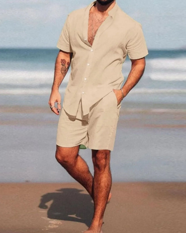 Camisa conjunto lisa masculina slim fite manga curta férias 268