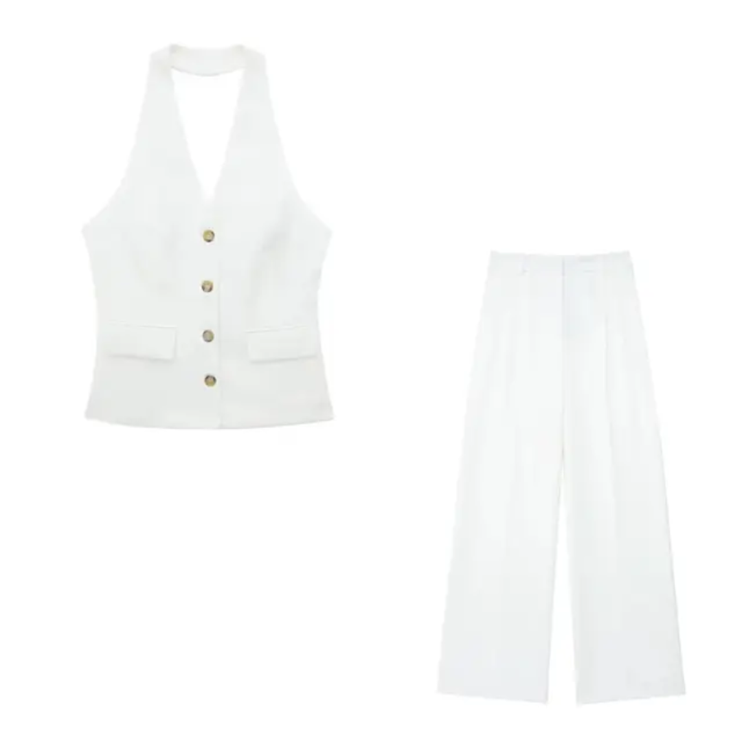Conjunto Feminino de Duas Peças: Colete com Gola Halter e Calça Longa