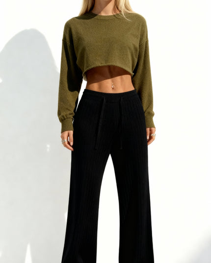 Calças femininas de malha com cintura alta elástica e pernas largas 55