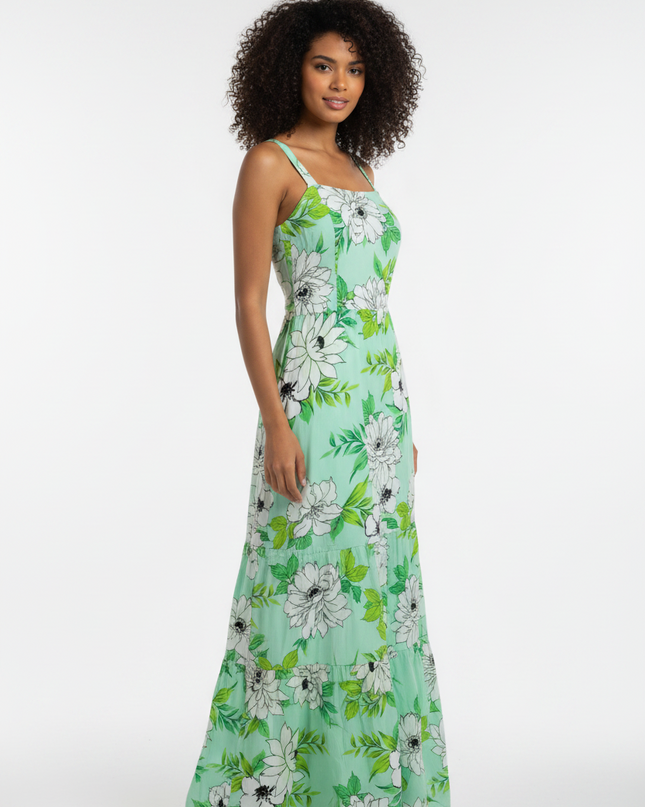 Vestido Longo Feminino Elegante com Cintura Ajustada Estampa floral 536