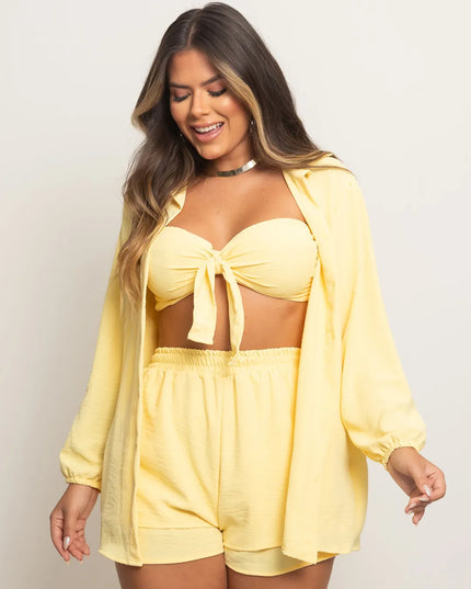 Conjunto Feminino em Duna 3 Peças , Camisa, Top e Shorts 299