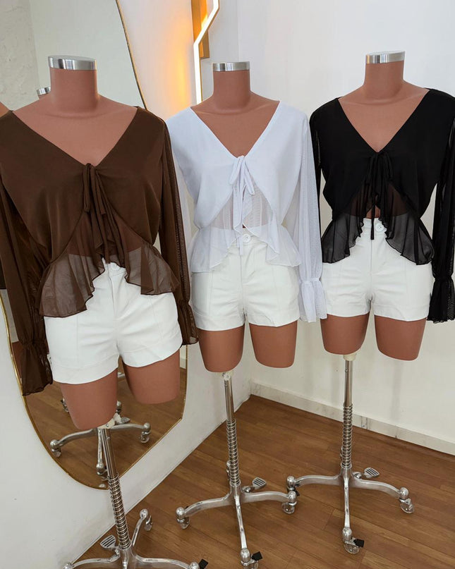 Top curto com babados e mangas bufantes blusa 26