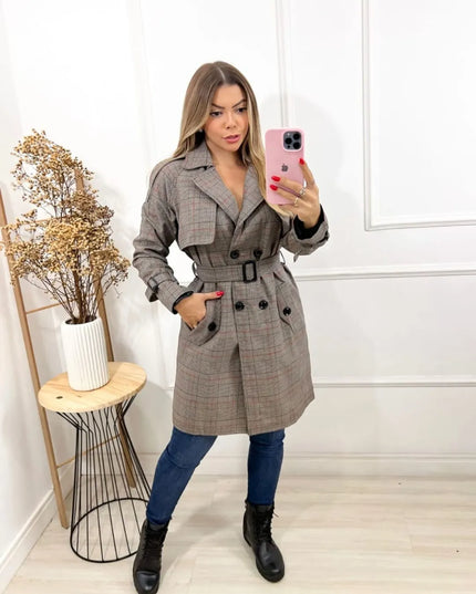 Sobretudo longo xadrez com alças para mulheres 227