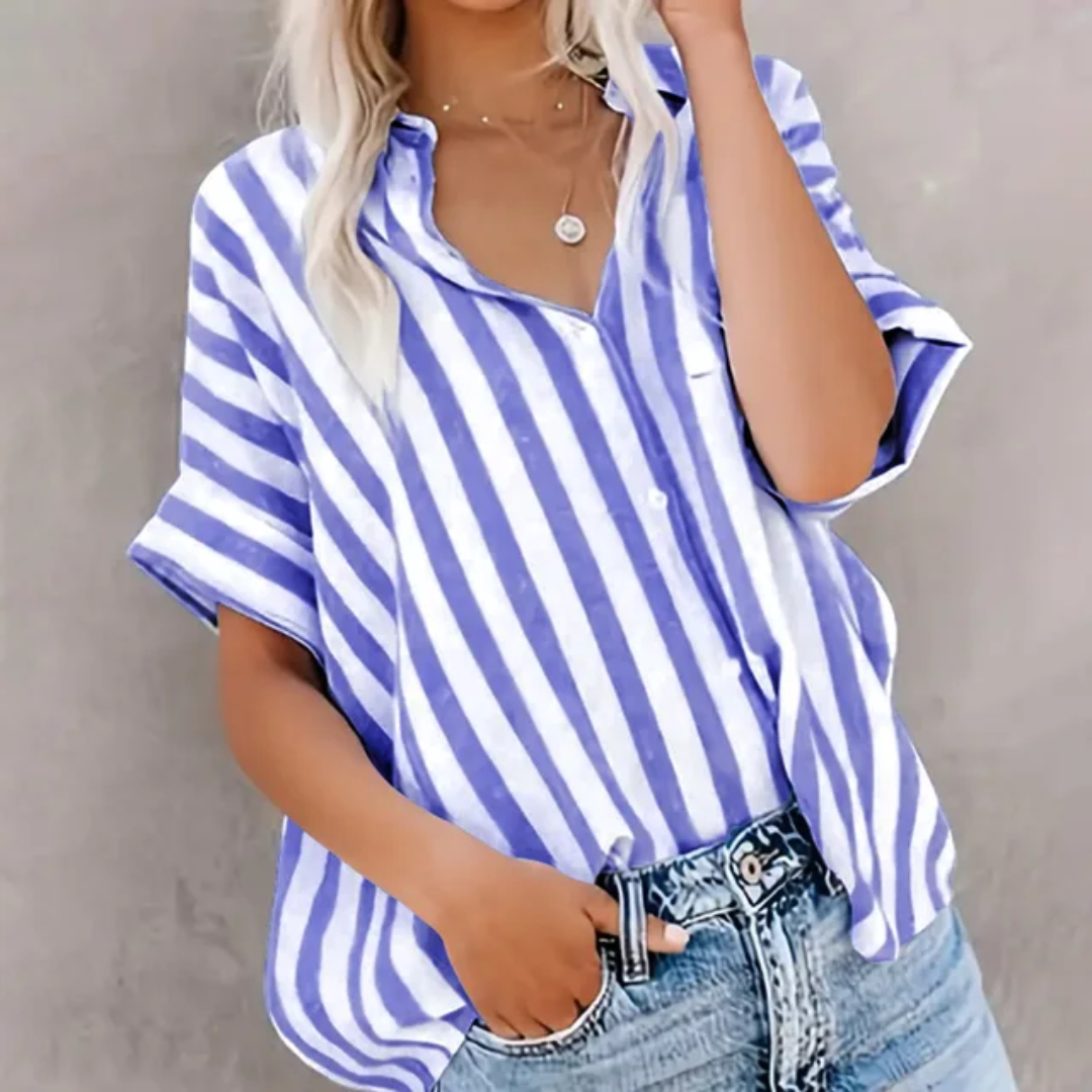 Blusa casual soltaabaloe com mangas tipo morcego, de manga curta e listrada, de abotoamento único 120