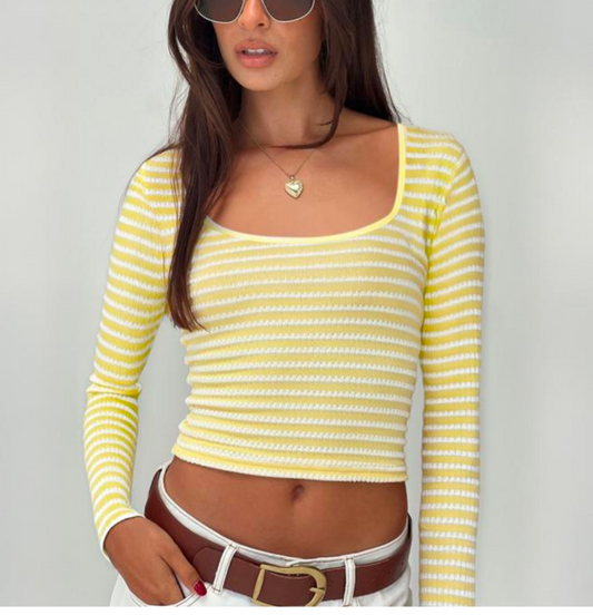 Camiseta de Manga Longa com Decote em V Listrada Casual no Outono e em Todas as Estações 127