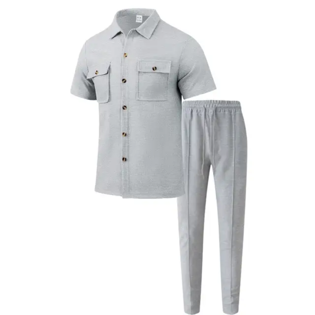 Conjunto Masculino Verão — Camisa Manga Curta com Botões + Calça com Bolsos